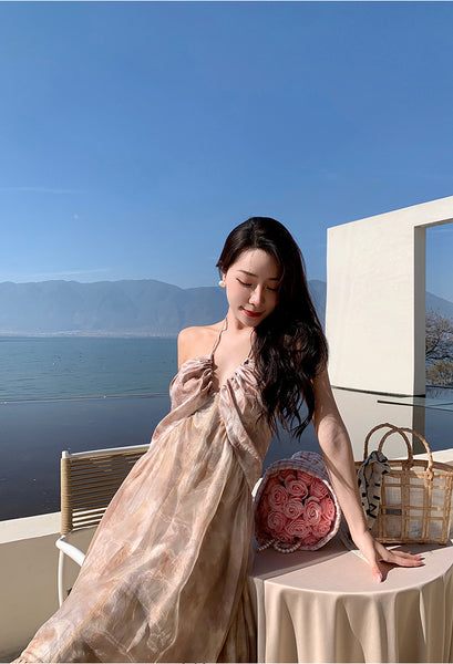 Cozy Seaside Summer Holiday Organza Halter Tie Dye Strap Wrap Bust Pleated Hem Long A-Line Women Dress
