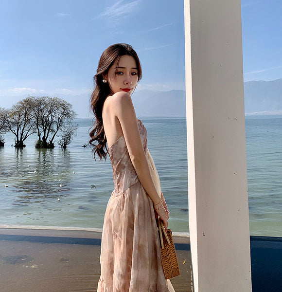 Cozy Seaside Summer Holiday Organza Halter Tie Dye Strap Wrap Bust Pleated Hem Long A-Line Women Dress