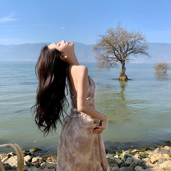 Cozy Seaside Summer Holiday Organza Halter Tie Dye Strap Wrap Bust Pleated Hem Long A-Line Women Dress