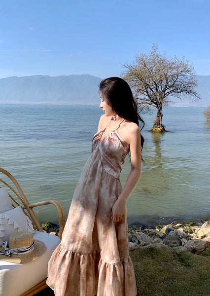 Cozy Seaside Summer Holiday Organza Halter Tie Dye Strap Wrap Bust Pleated Hem Long A-Line Women Dress