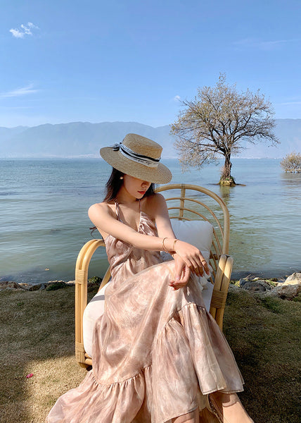 Cozy Seaside Summer Holiday Organza Halter Tie Dye Strap Wrap Bust Pleated Hem Long A-Line Women Dress