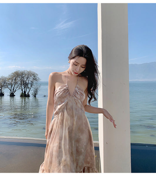Cozy Seaside Summer Holiday Organza Halter Tie Dye Strap Wrap Bust Pleated Hem Long A-Line Women Dress