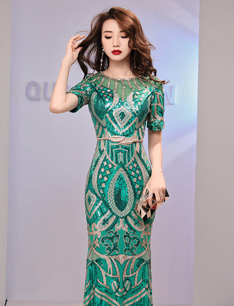 Amazing Evening Elegant Women Banquet Birthday Party Embroidered Round Neck Short Sleeves Fishtail Long Dress