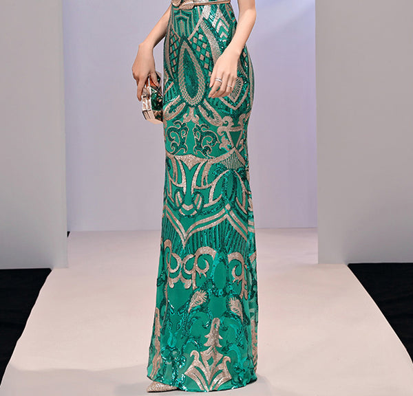 Amazing Evening Elegant Women Banquet Birthday Party Embroidered Round Neck Short Sleeves Fishtail Long Dress