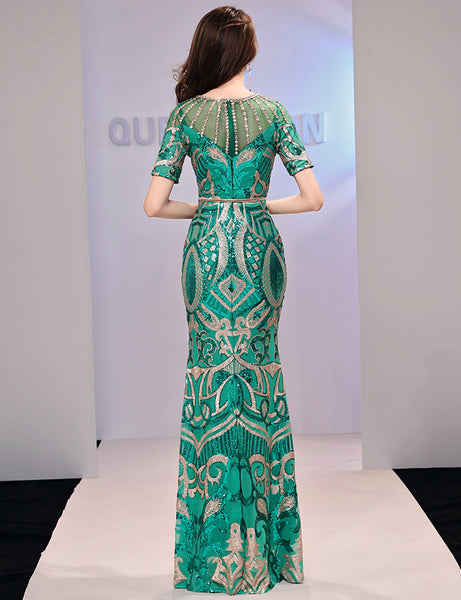 Amazing Evening Elegant Women Banquet Birthday Party Embroidered Round Neck Short Sleeves Fishtail Long Dress