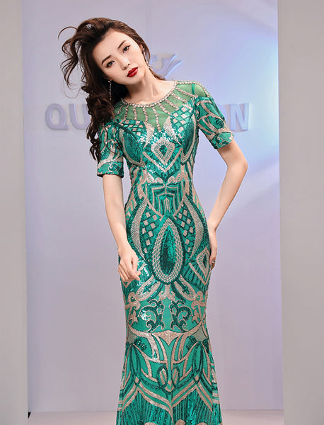 Amazing Evening Elegant Women Banquet Birthday Party Embroidered Round Neck Short Sleeves Fishtail Long Dress