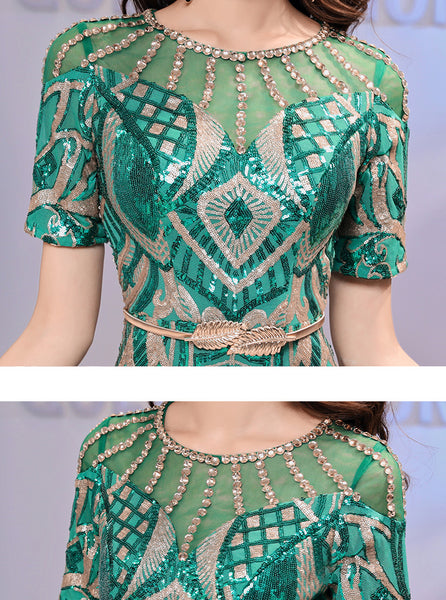 Amazing Evening Elegant Women Banquet Birthday Party Embroidered Round Neck Short Sleeves Fishtail Long Dress