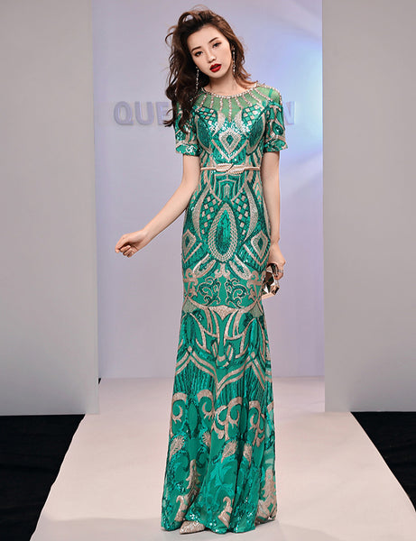 Amazing Evening Elegant Women Banquet Birthday Party Embroidered Round Neck Short Sleeves Fishtail Long Dress