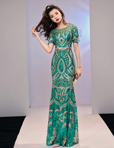 Amazing Evening Elegant Women Banquet Birthday Party Embroidered Round Neck Short Sleeves Fishtail Long Dress