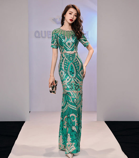 Amazing Evening Elegant Women Banquet Birthday Party Embroidered Round Neck Short Sleeves Fishtail Long Dress