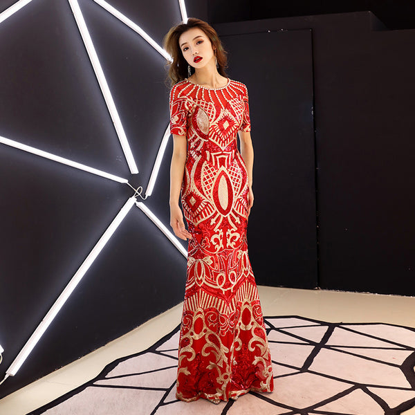 Amazing Evening Elegant Women Banquet Birthday Party Embroidered Round Neck Short Sleeves Fishtail Long Dress