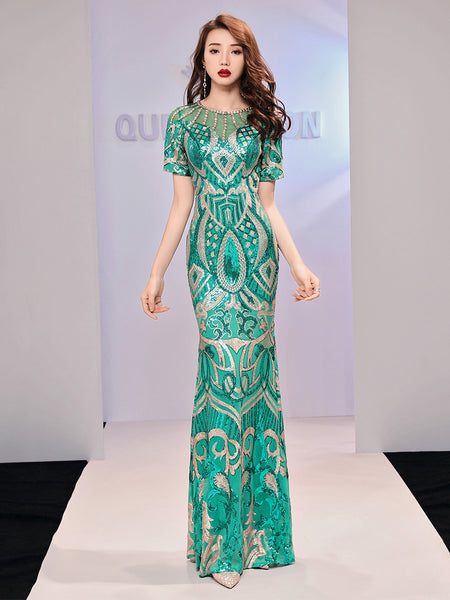 Amazing Evening Elegant Women Banquet Birthday Party Embroidered Round Neck Short Sleeves Fishtail Long Dress