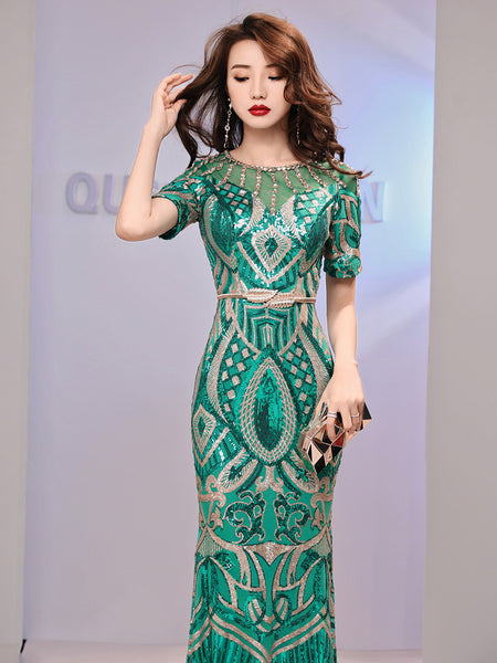 Amazing Evening Elegant Women Banquet Birthday Party Embroidered Round Neck Short Sleeves Fishtail Long Dress