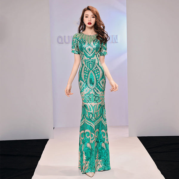 Amazing Evening Elegant Women Banquet Birthday Party Embroidered Round Neck Short Sleeves Fishtail Long Dress