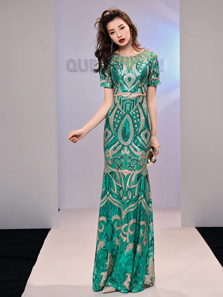 Amazing Evening Elegant Women Banquet Birthday Party Embroidered Round Neck Short Sleeves Fishtail Long Dress