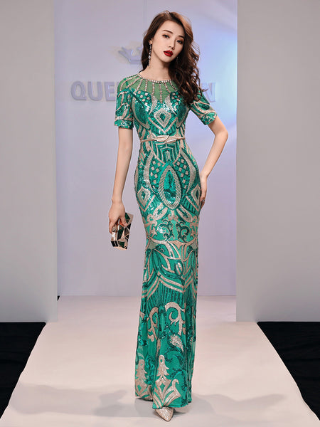 Amazing Evening Elegant Women Banquet Birthday Party Embroidered Round Neck Short Sleeves Fishtail Long Dress