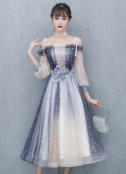 Gorgeous Fairy Temperament Banquet Evening Shoulder Strap Floral Waist Mesh Sleeves Women Dress