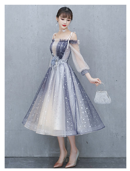 Gorgeous Fairy Temperament Banquet Evening Shoulder Strap Floral Waist Mesh Sleeves Women Dress