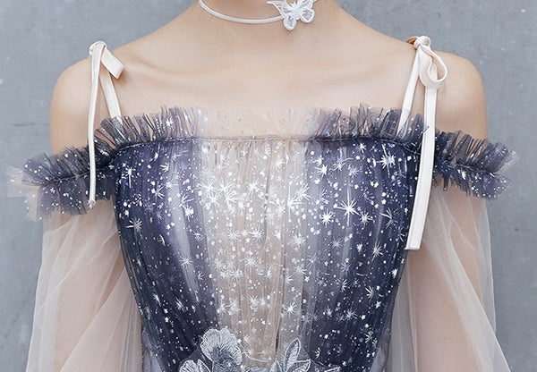 Gorgeous Fairy Temperament Banquet Evening Shoulder Strap Floral Waist Mesh Sleeves Women Dress