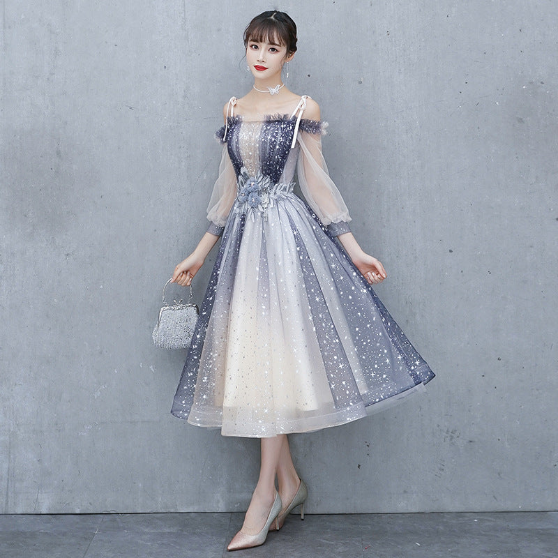 Gorgeous Fairy Temperament Banquet Evening Shoulder Strap Floral Waist Mesh Sleeves Women Dress