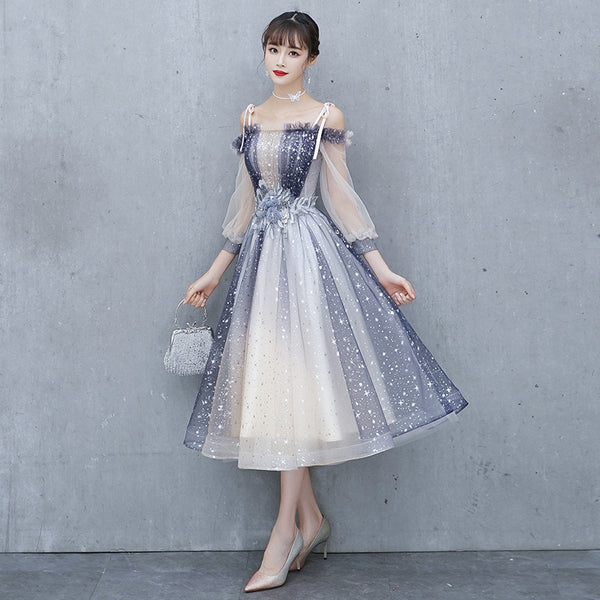 Gorgeous Fairy Temperament Banquet Evening Shoulder Strap Floral Waist Mesh Sleeves Women Dress