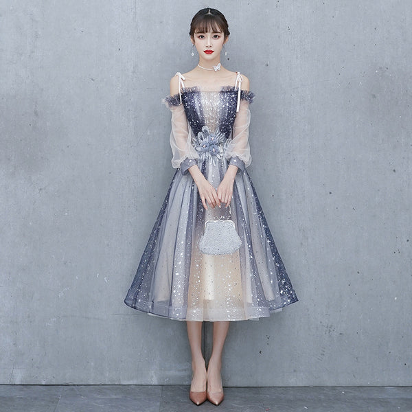 Gorgeous Fairy Temperament Banquet Evening Shoulder Strap Floral Waist Mesh Sleeves Women Dress