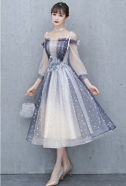 Gorgeous Fairy Temperament Banquet Evening Shoulder Strap Floral Waist Mesh Sleeves Women Dress