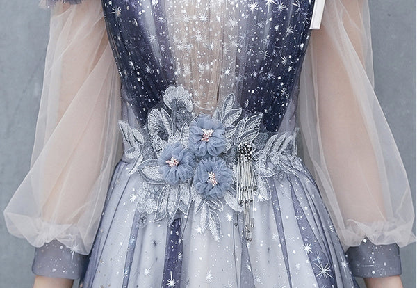 Gorgeous Fairy Temperament Banquet Evening Shoulder Strap Floral Waist Mesh Sleeves Women Dress