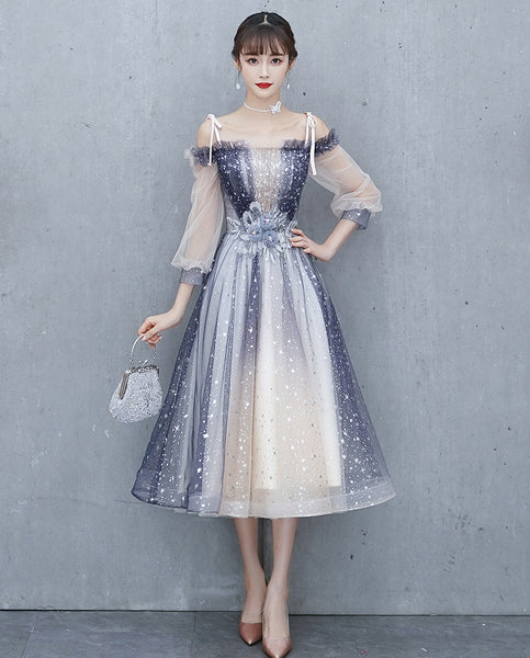 Gorgeous Fairy Temperament Banquet Evening Shoulder Strap Floral Waist Mesh Sleeves Women Dress