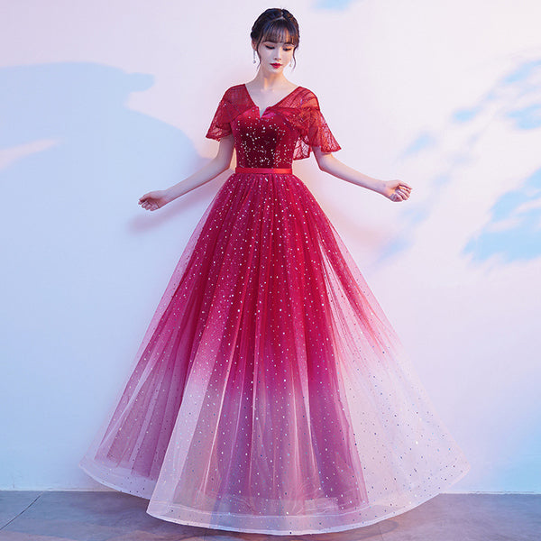 Starry Bing Gradient Color Evening Meeting Banquet Wedding Party Bride V Neck Princess A Line Dress Skirt