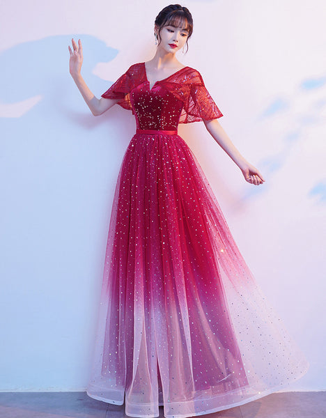Starry Bing Gradient Color Evening Meeting Banquet Wedding Party Bride V Neck Princess A Line Dress Skirt