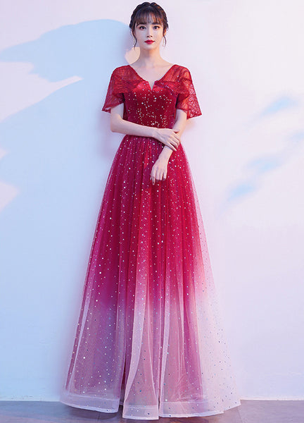 Starry Bing Gradient Color Evening Meeting Banquet Wedding Party Bride V Neck Princess A Line Dress Skirt