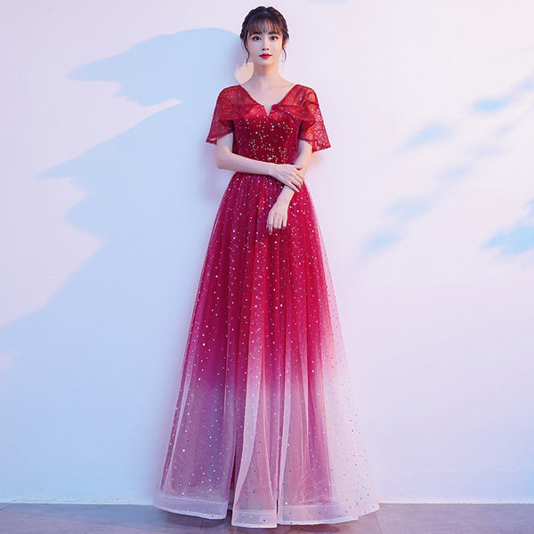 Starry Bing Gradient Color Evening Meeting Banquet Wedding Party Bride V Neck Princess A Line Dress Skirt
