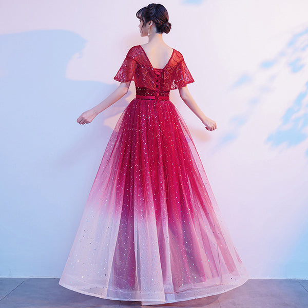 Starry Bing Gradient Color Evening Meeting Banquet Wedding Party Bride V Neck Princess A Line Dress Skirt
