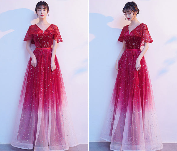 Starry Bing Gradient Color Evening Meeting Banquet Wedding Party Bride V Neck Princess A Line Dress Skirt