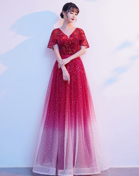 Starry Bing Gradient Color Evening Meeting Banquet Wedding Party Bride V Neck Princess A Line Dress Skirt