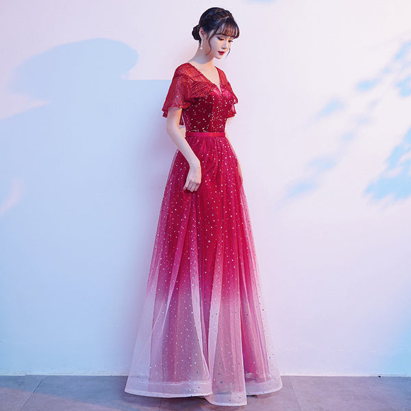 Starry Bing Gradient Color Evening Meeting Banquet Wedding Party Bride V Neck Princess A Line Dress Skirt
