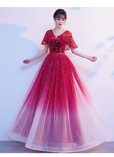 Starry Bing Gradient Color Evening Meeting Banquet Wedding Party Bride V Neck Princess A Line Dress Skirt
