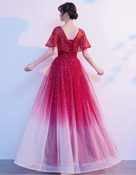 Starry Bing Gradient Color Evening Meeting Banquet Wedding Party Bride V Neck Princess A Line Dress Skirt