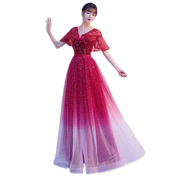Starry Bing Gradient Color Evening Meeting Banquet Wedding Party Bride V Neck Princess A Line Dress Skirt