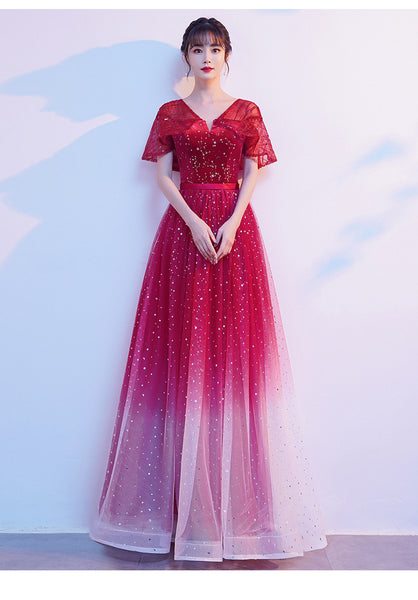 Starry Bing Gradient Color Evening Meeting Banquet Wedding Party Bride V Neck Princess A Line Dress Skirt