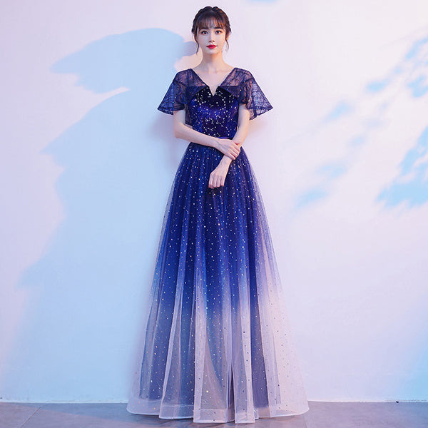Starry Bing Gradient Color Evening Meeting Banquet Wedding Party Bride V Neck Princess A Line Dress Skirt
