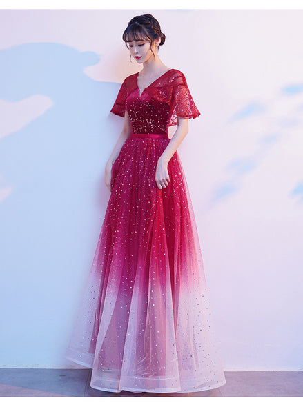 Starry Bing Gradient Color Evening Meeting Banquet Wedding Party Bride V Neck Princess A Line Dress Skirt