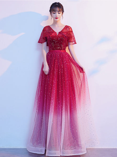 Starry Bing Gradient Color Evening Meeting Banquet Wedding Party Bride V Neck Princess A Line Dress Skirt