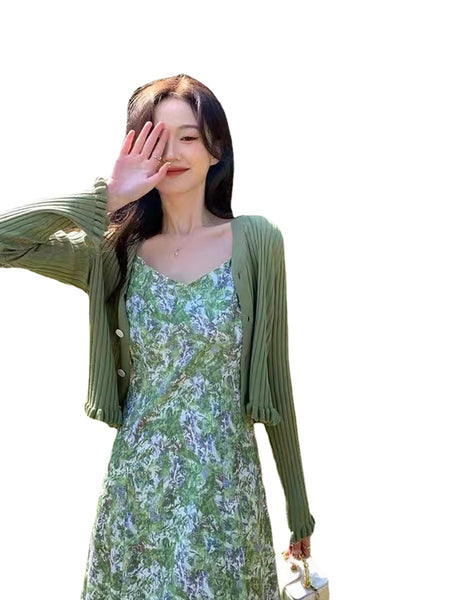 Summer Women Fresh Green Floral Dye Printed High End V Neck Waist Strap Sling Long Skirt Sunlight Dress