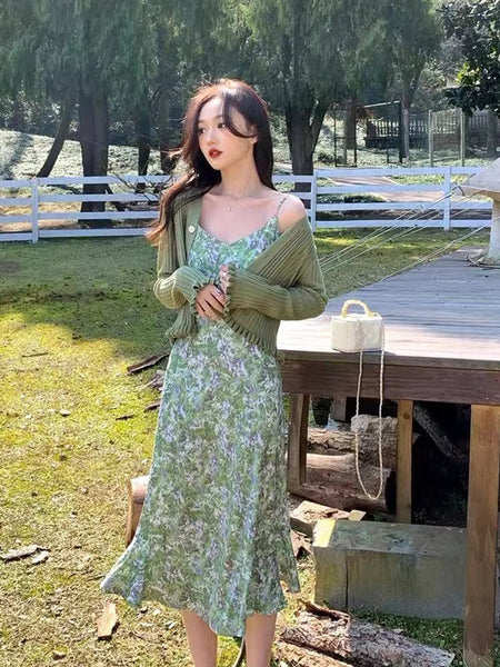 Summer Women Fresh Green Floral Dye Printed High End V Neck Waist Strap Sling Long Skirt Sunlight Dress