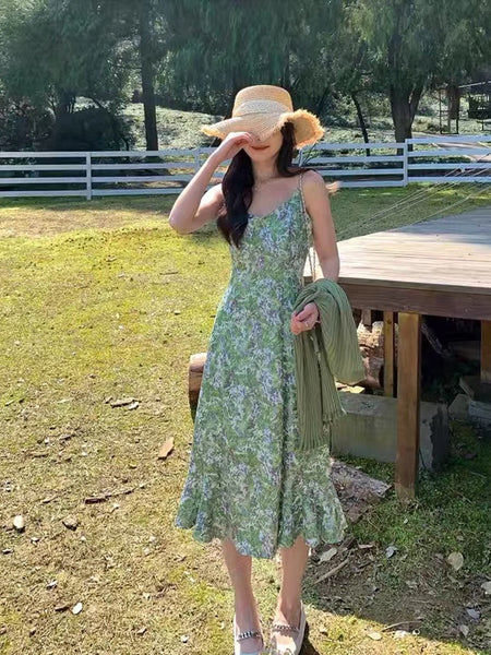Summer Women Fresh Green Floral Dye Printed High End V Neck Waist Strap Sling Long Skirt Sunlight Dress