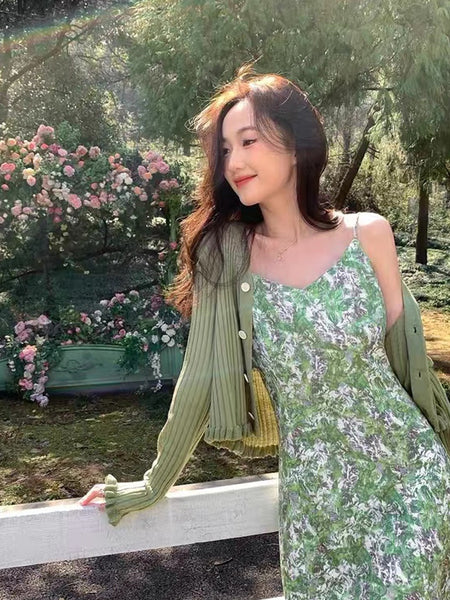 Summer Women Fresh Green Floral Dye Printed High End V Neck Waist Strap Sling Long Skirt Sunlight Dress