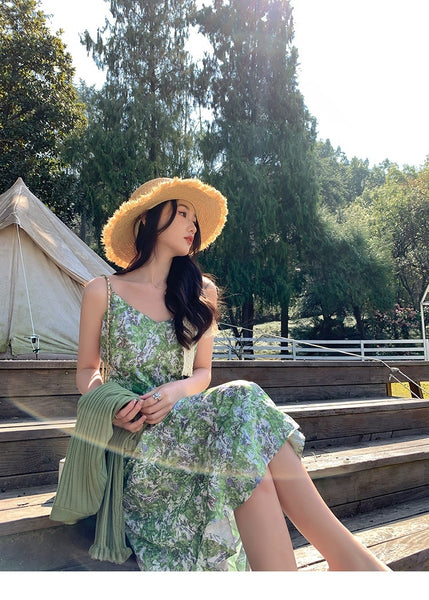 Summer Women Fresh Green Floral Dye Printed High End V Neck Waist Strap Sling Long Skirt Sunlight Dress