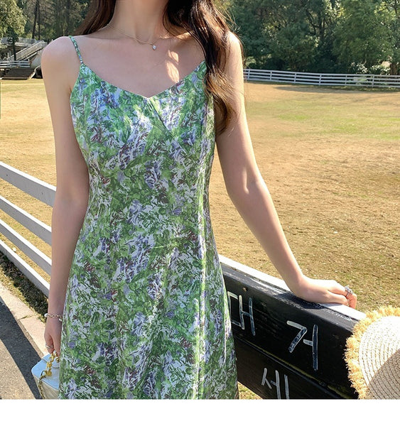 Summer Women Fresh Green Floral Dye Printed High End V Neck Waist Strap Sling Long Skirt Sunlight Dress